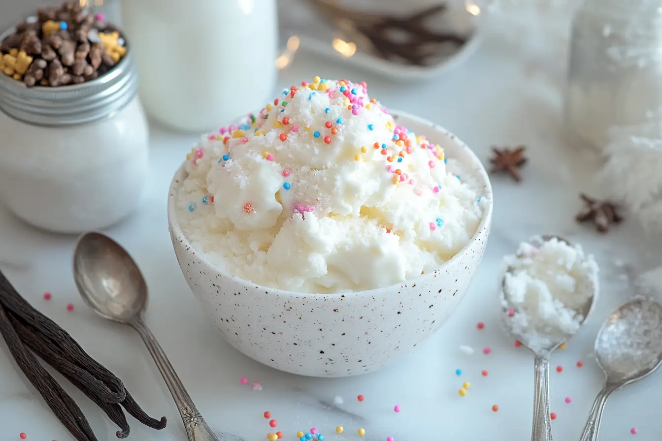 A bowl of creamy snow cream topped with sprinkles on a snowy table.