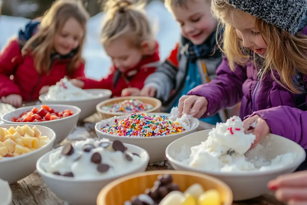 Children making snow cream with colorful toppings at a snow cream bar