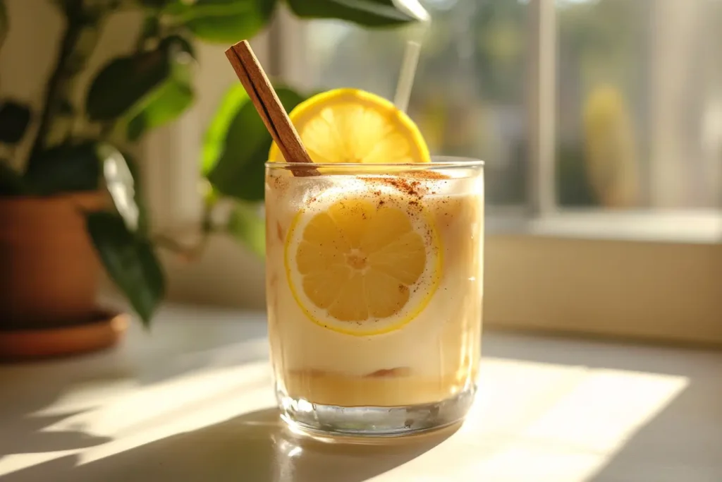 Iced coffee loophole recipe with lemon slices and cinnamon garnish.