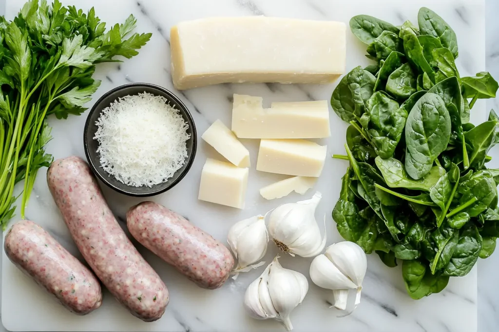 Ingredients for creamy Parmesan Italian sausage soup on a cutting board.