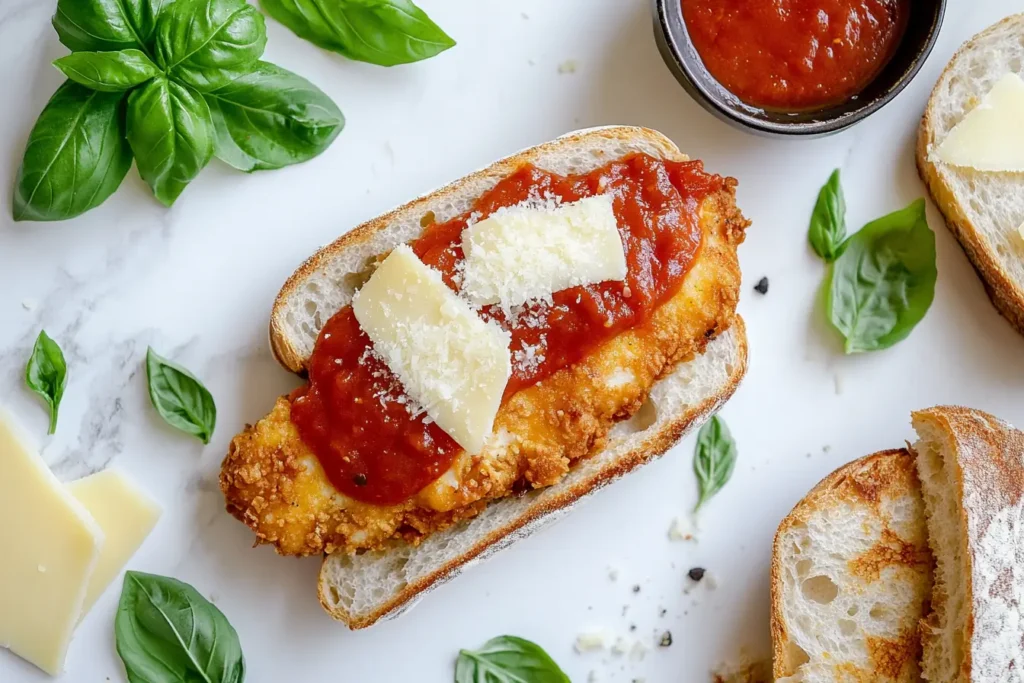 Deconstructed Domino’s Chicken Parm Sandwich with its main ingredients displayed.