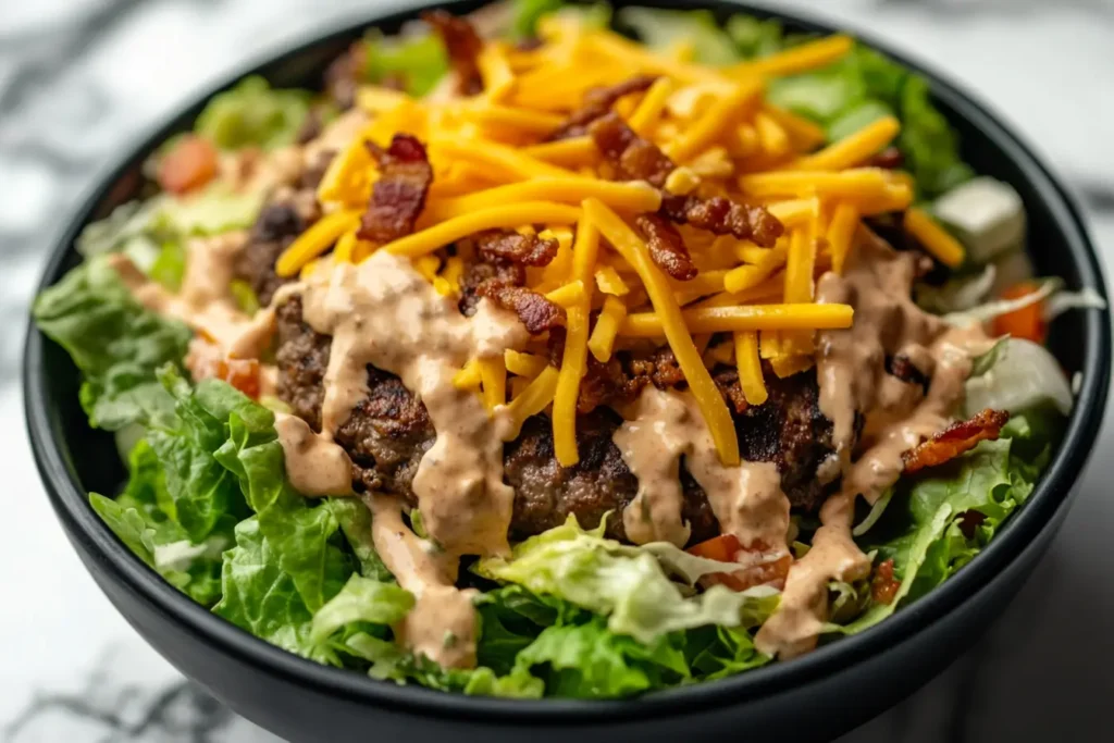 Keto-friendly burger bowl with lettuce, beef patty, cheese, and bacon