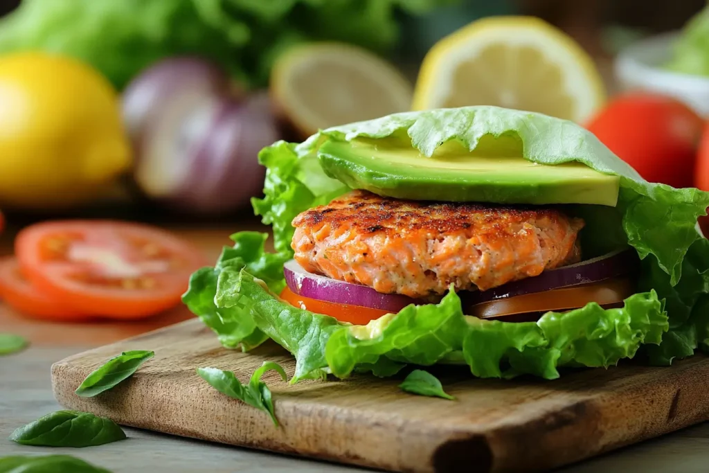 Lettuce-wrapped hamburger with salmon and fresh vegetables.