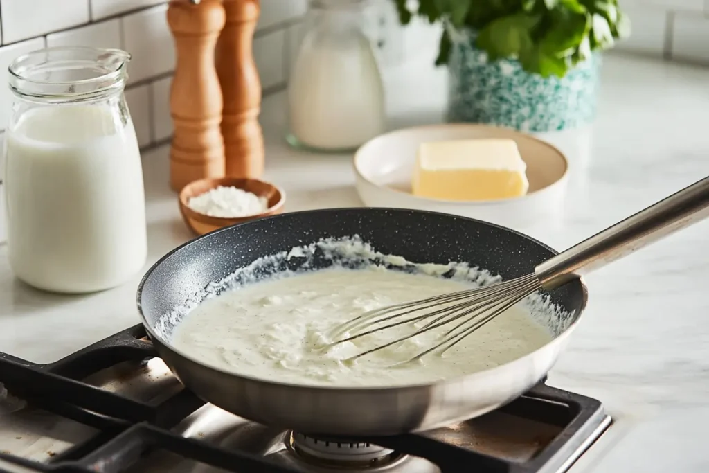 White gravy being whisked in a skillet during preparation.