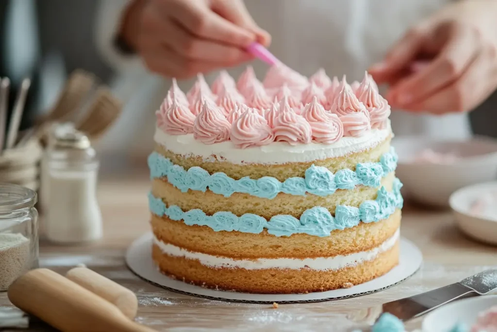 Baker preparing a gender reveal cake with pink frosting inside