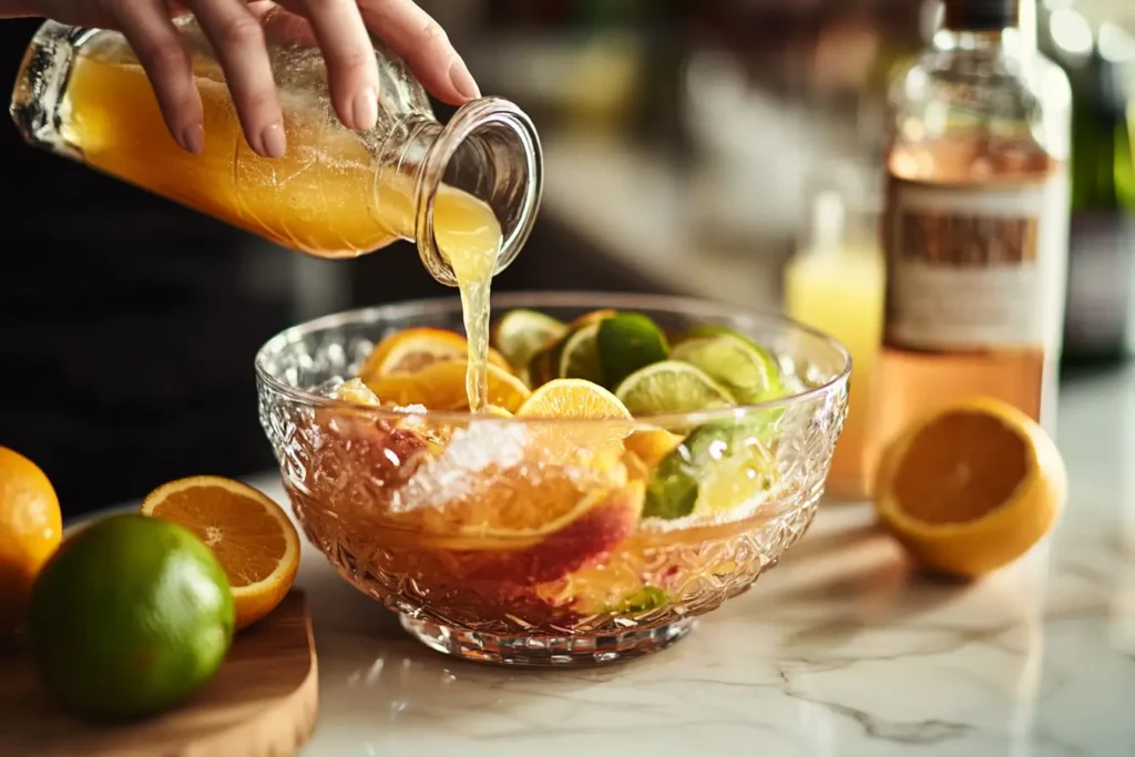 Hands preparing a classic punch with citrus and rum