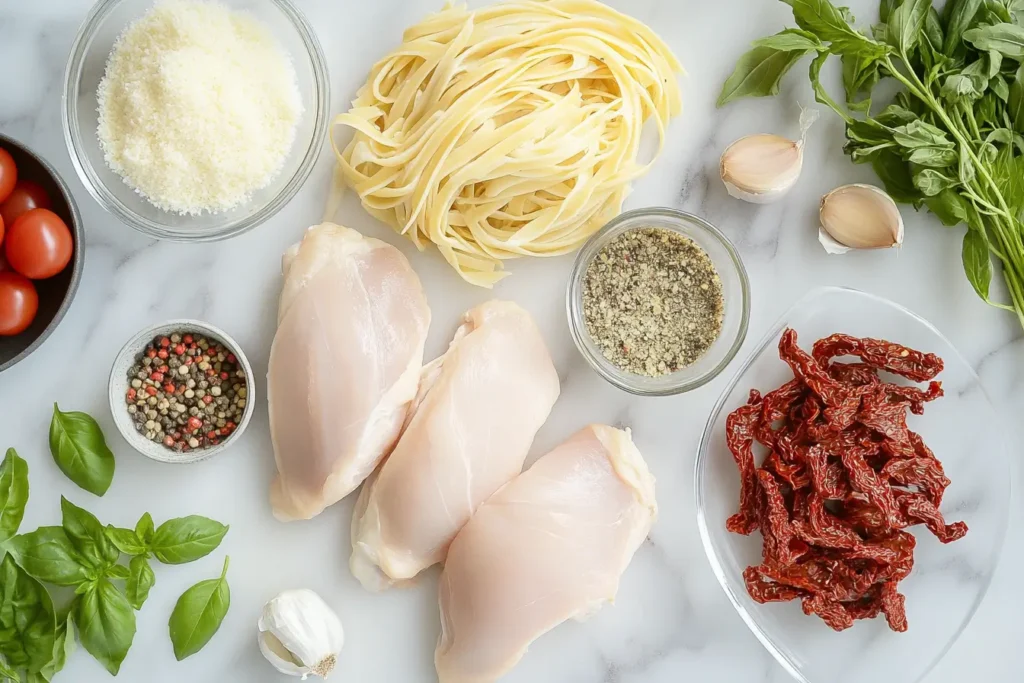 Ingredients for Marry Me Chicken Pasta on a marble countertop