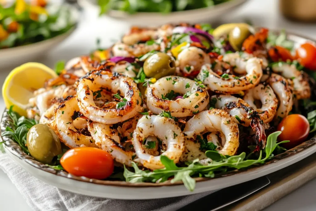 Mediterranean platter with grilled calamari and salad.