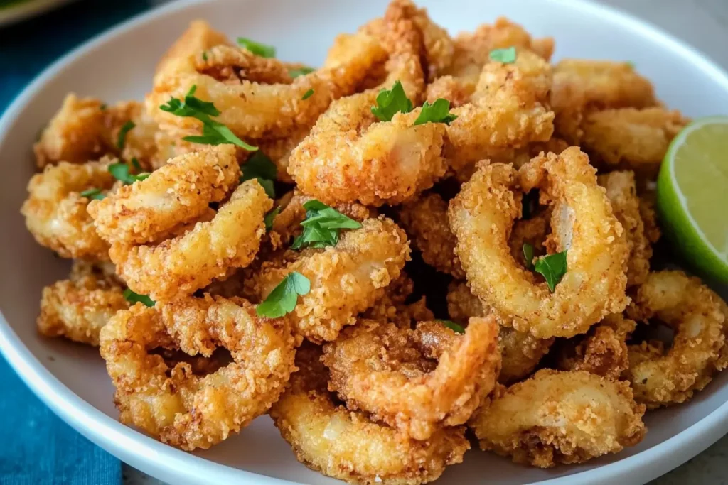 Milk-soaked crispy fried calamari rings.