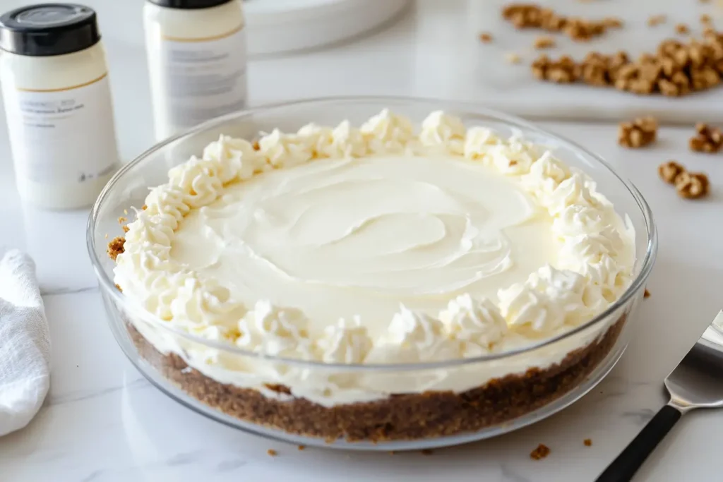 Cheesecake batter with sour cream being mixed