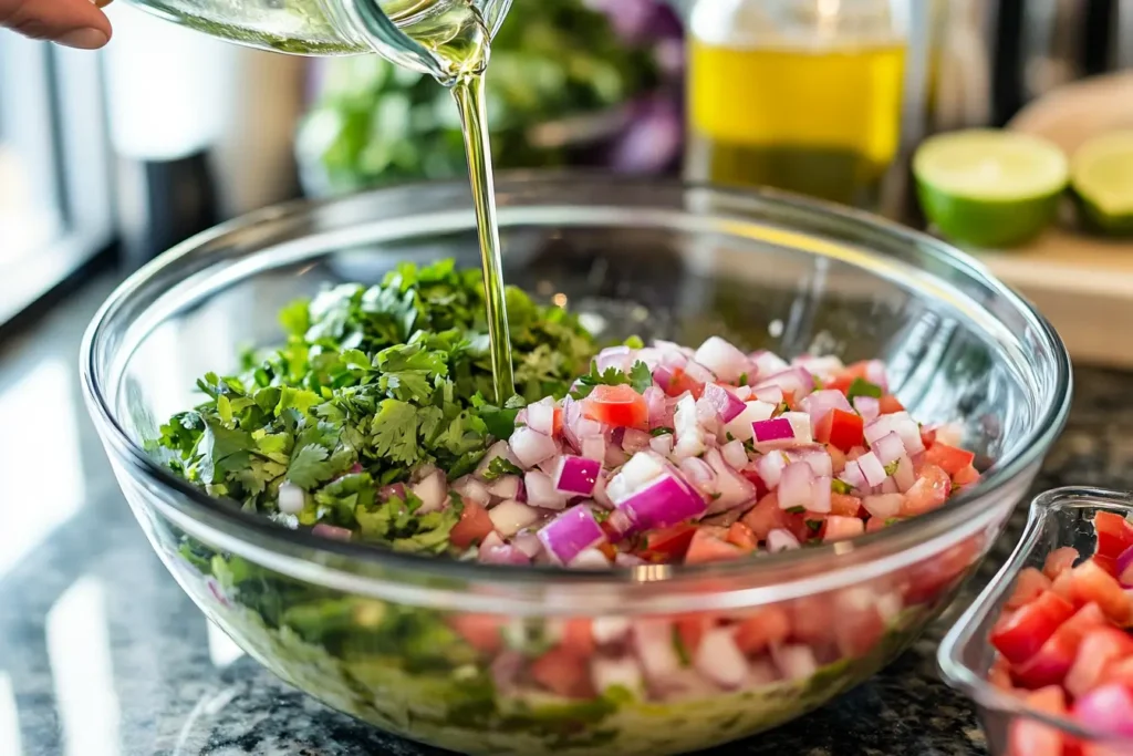 Mixing cebolla ensalada ingredients with dressing