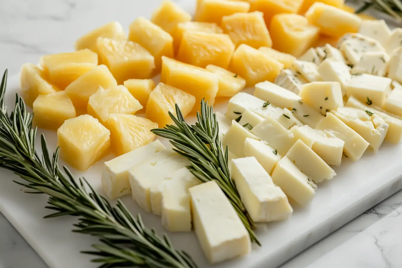 Modern cheese platter with pineapple chunks on a white marble board.