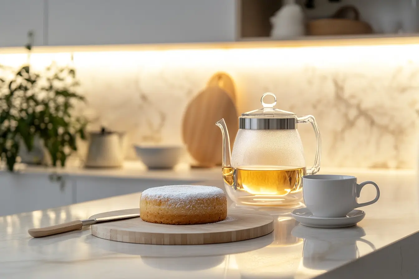 What is a cake of tea on a modern kitchen countertop