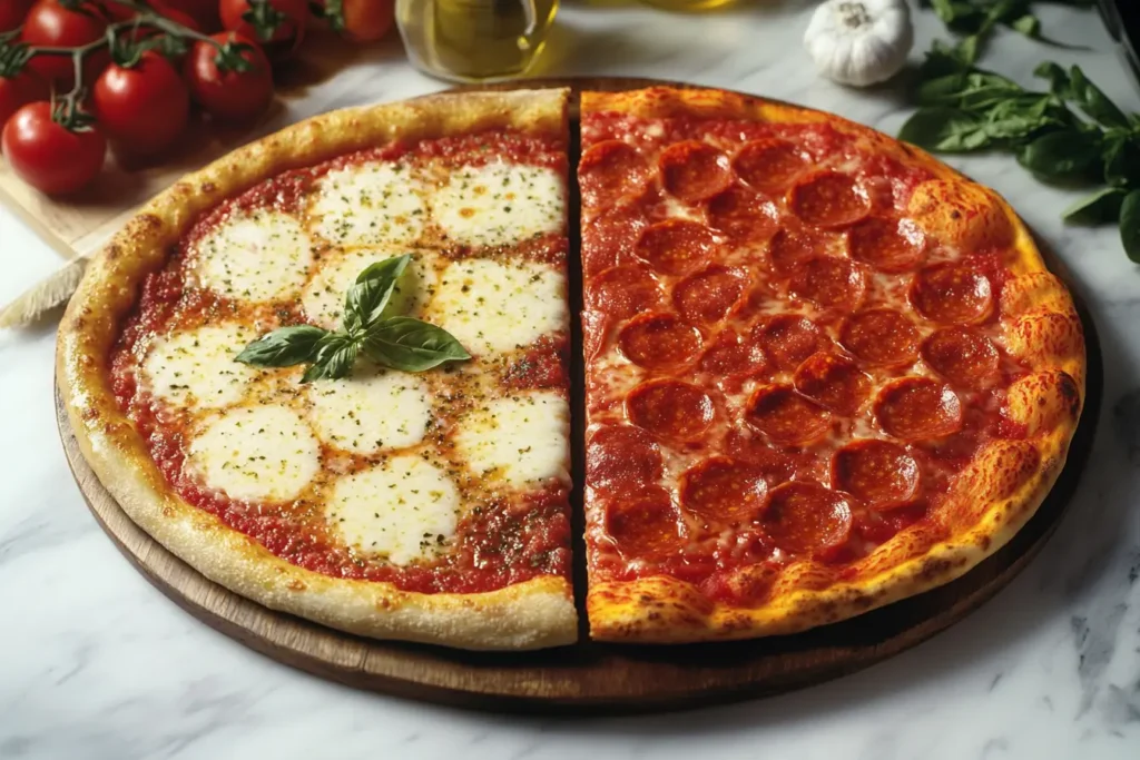 Thin-crust Neapolitan pizza with mozzarella and basil beside a pepperoni-topped pizza pie with a thicker crust