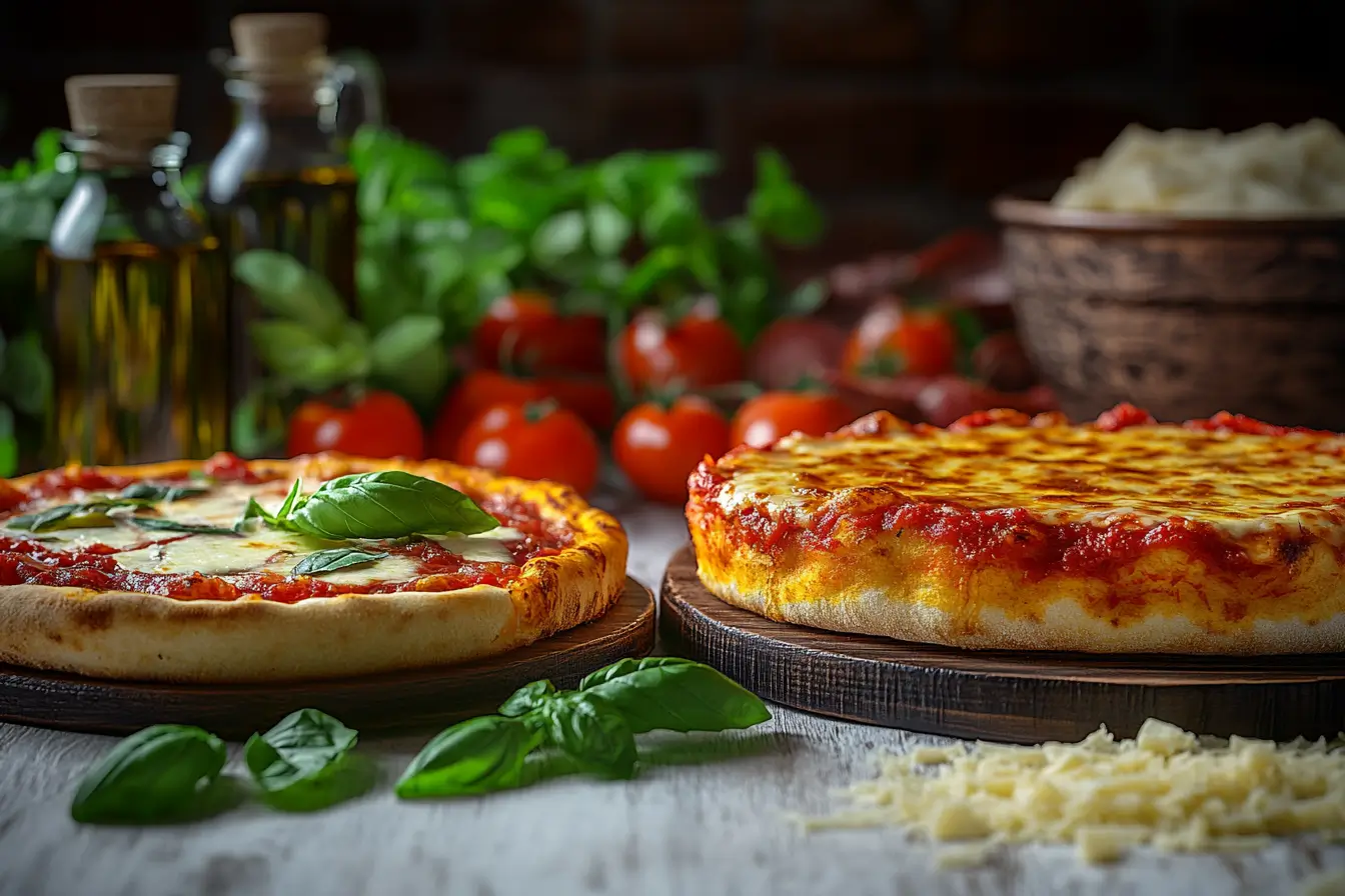 Thin-crust Neapolitan pizza and thick-crust pizza pie on wooden boards with basil and tomatoes in the background.