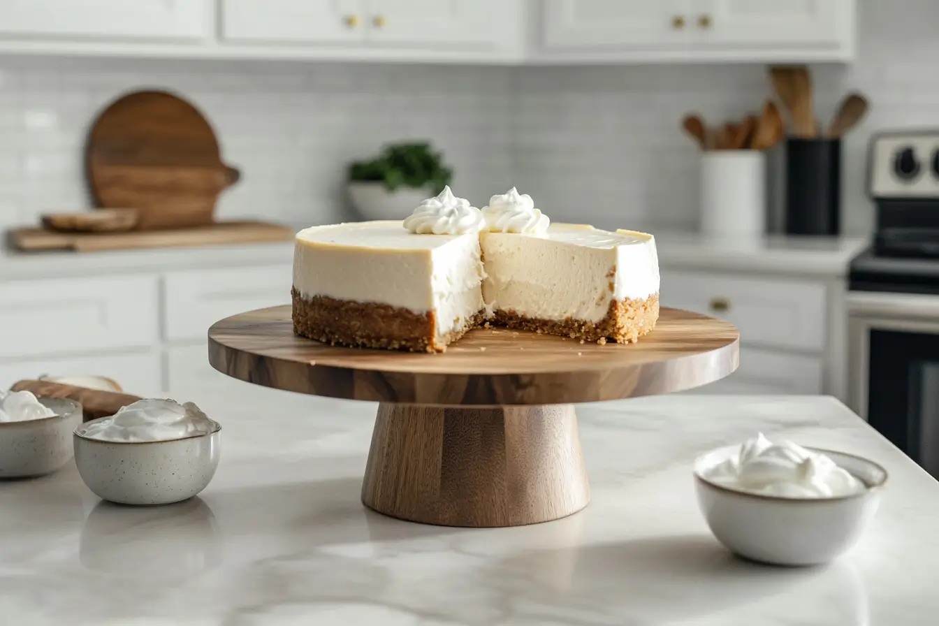 New York-style cheesecake with sour cream and heavy cream bowls