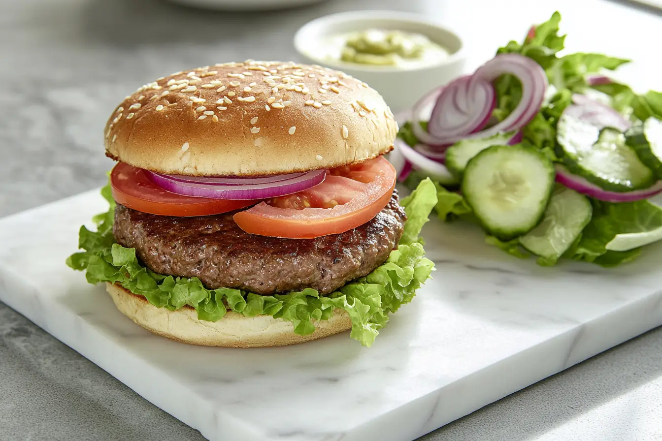 Healthy hamburger with whole grain bun and fresh vegetables.