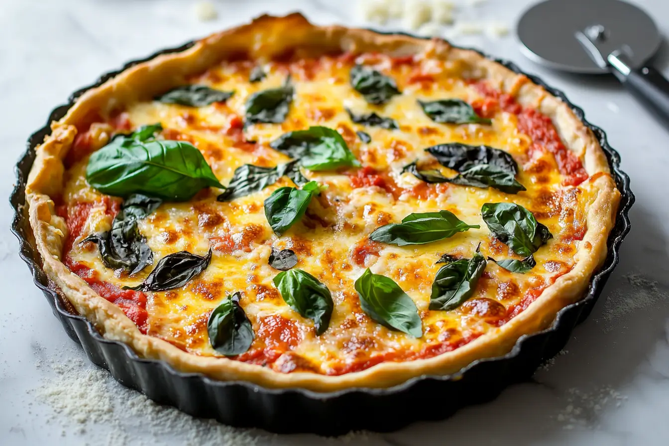 Freshly baked pizza pie with golden crust and basil.