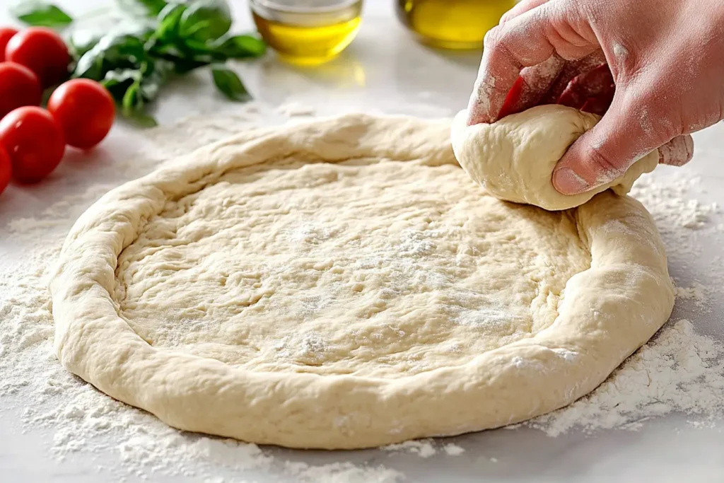 Close-up of kneading pizza dough on a floured surface.