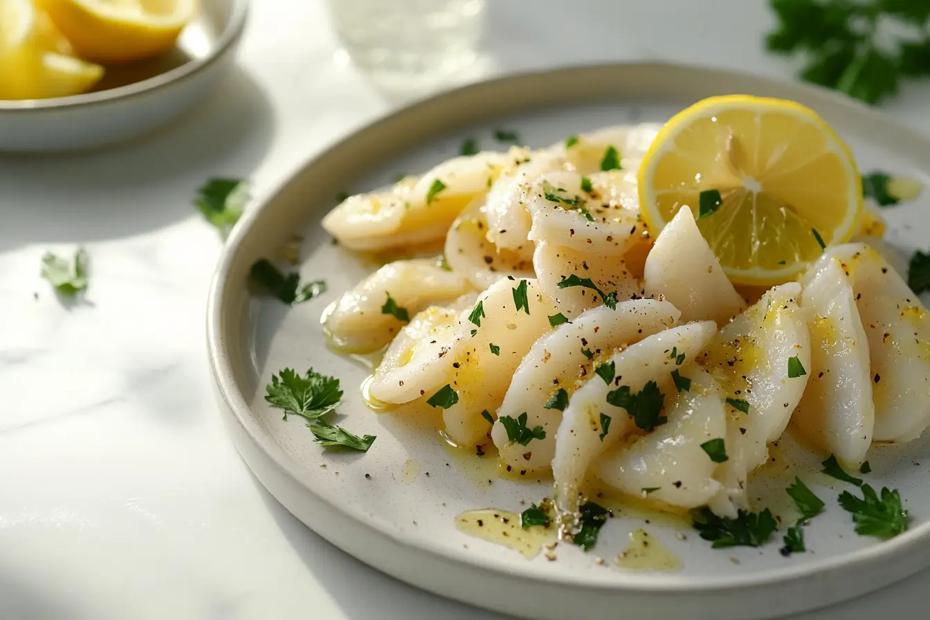 Plated tender calamari with lemon and dipping sauce.