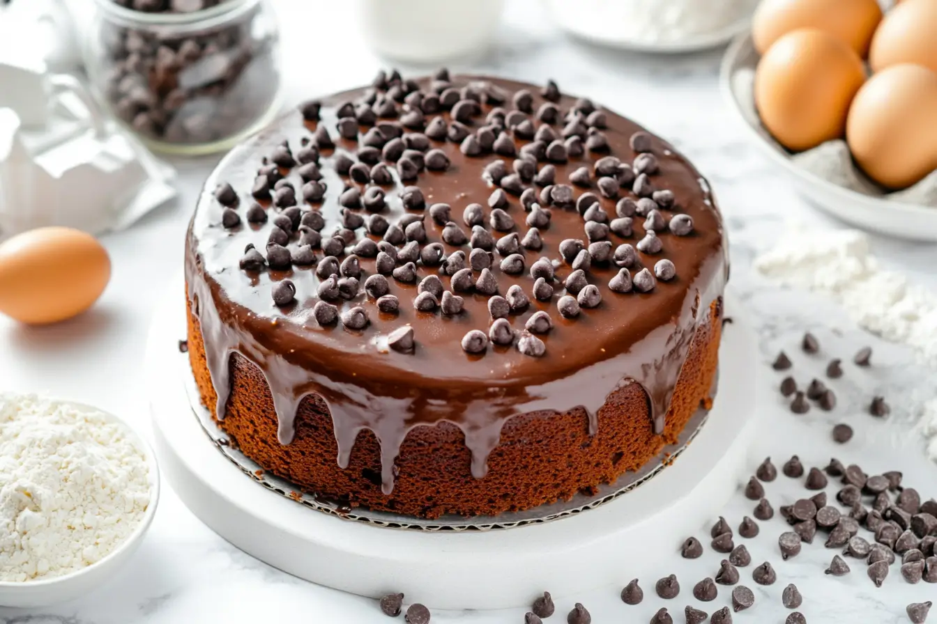 Chocolate chip cake with ganache and chocolate chips on a rustic table