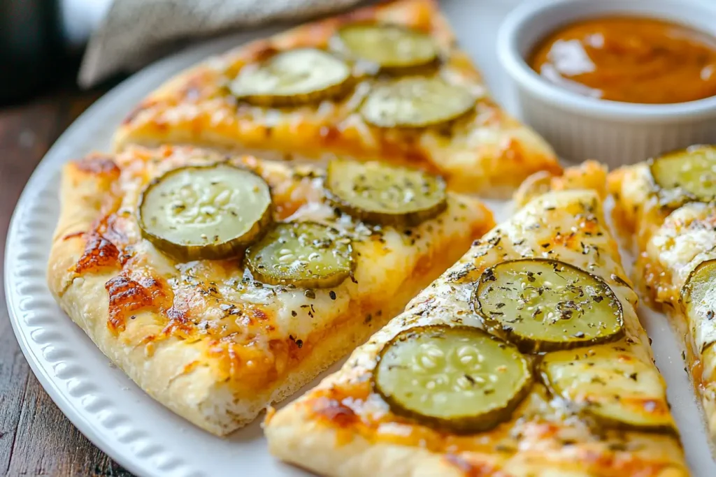 Close-up of pickle pie pizza slices with dipping sauce