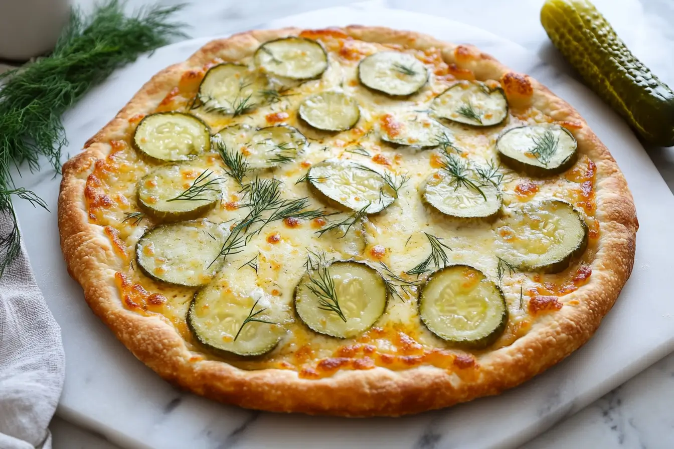 Homemade pickle pie pizza with golden crust and fresh dill.