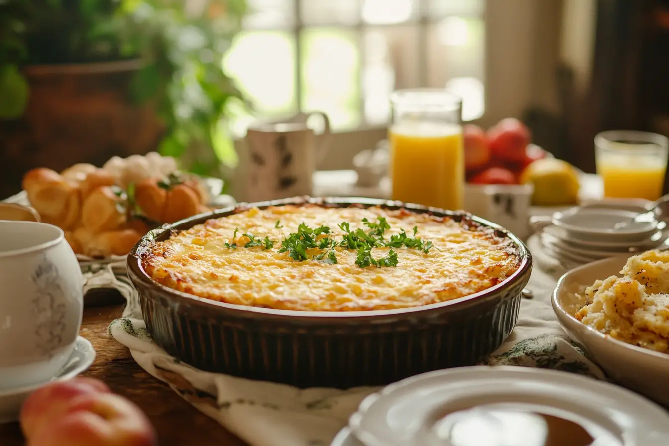 A golden-brown hashbrown breakfast casserole garnished with parsley on a breakfast table