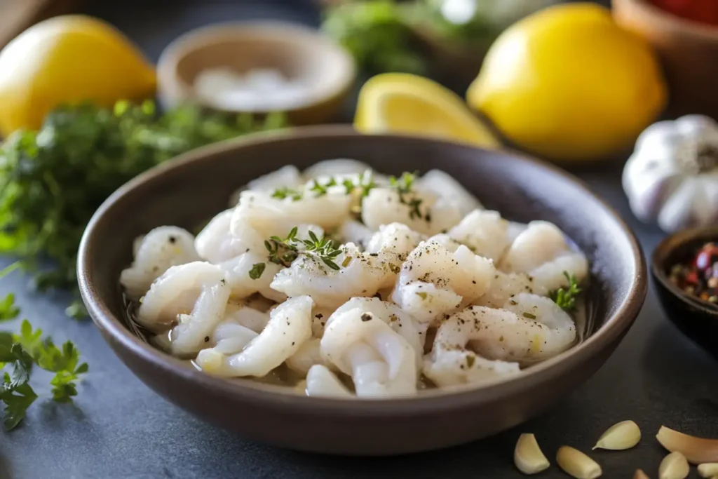 Raw calamari soaking in milk with herbs and lemon.