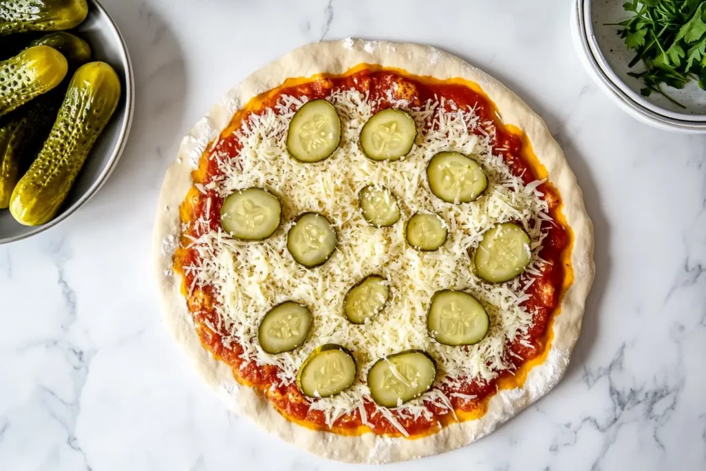 Step-by-step preparation of homemade pickle pie pizza.