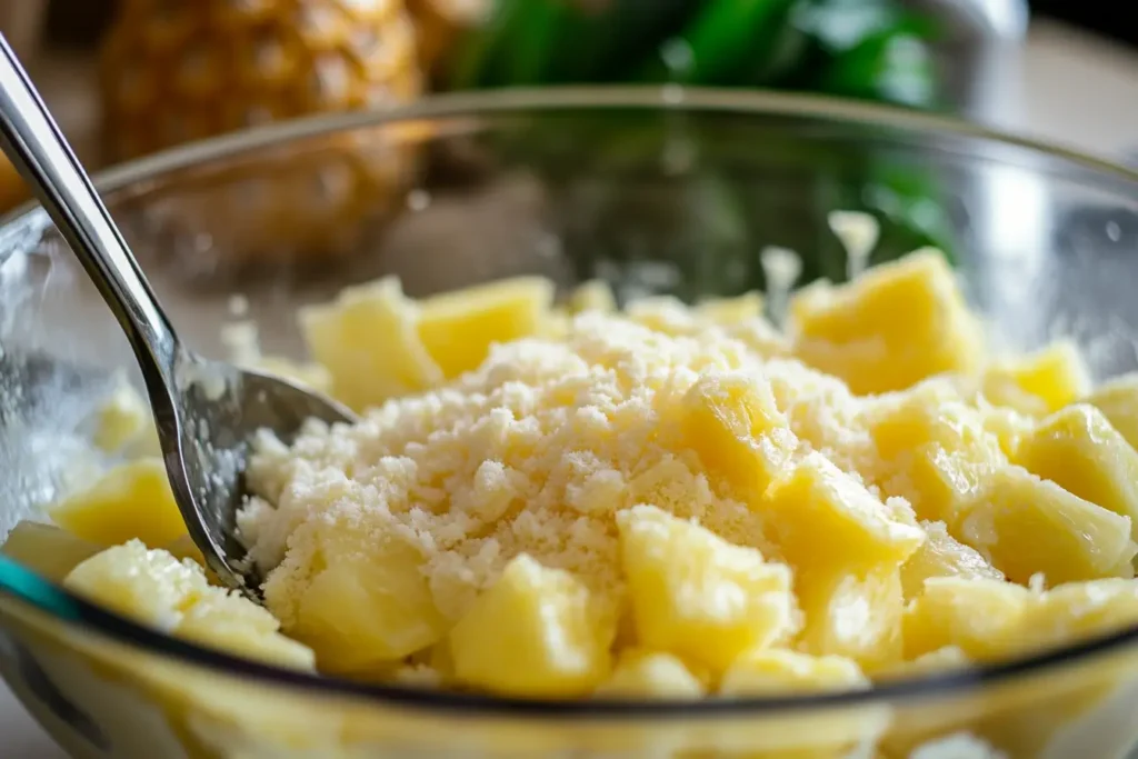 Mixing ingredients for pineapple casserole in a bowl.