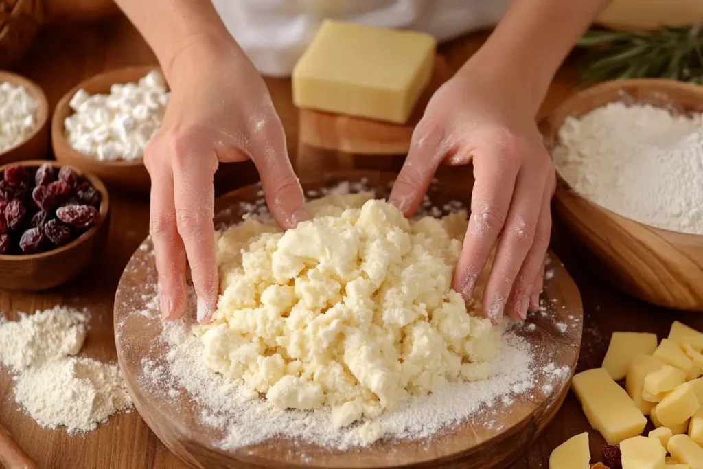 Baker’s hands kneading dough for tea cakes with ingredients nearby