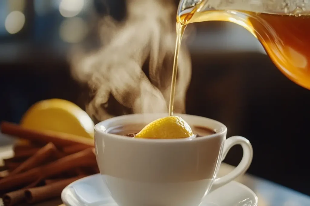 Coffee cup with lemon juice being poured and cinnamon sticks nearby.