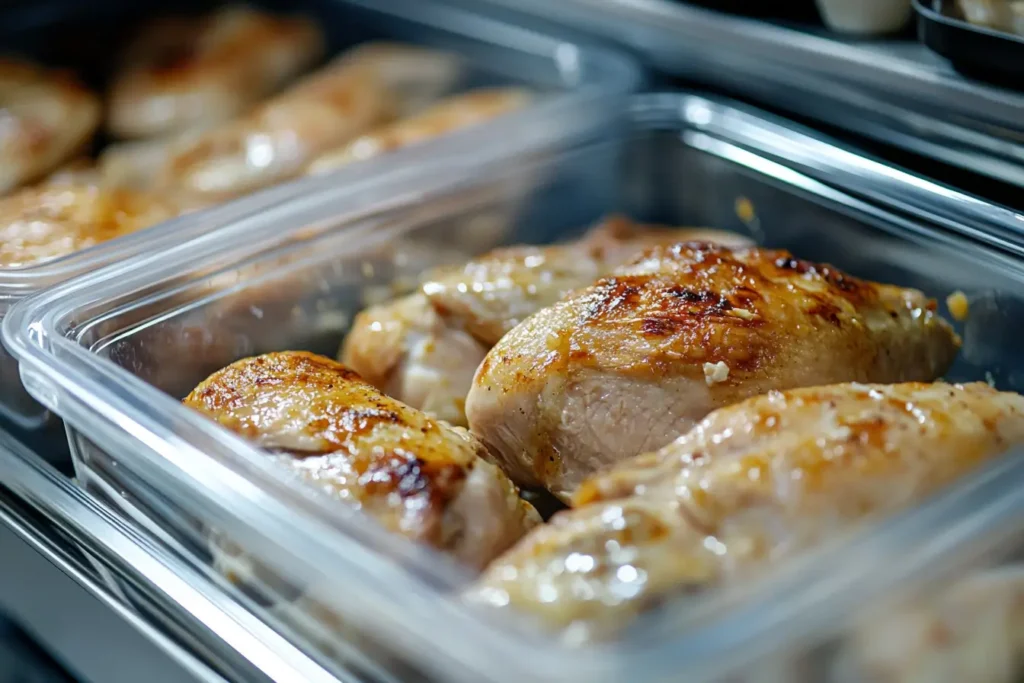 Leftover rotisserie chicken stored in an airtight container