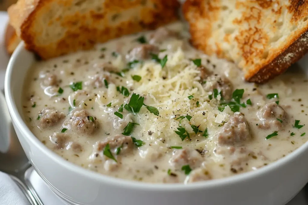 Creamy Parmesan Italian sausage soup served with garlic toast.