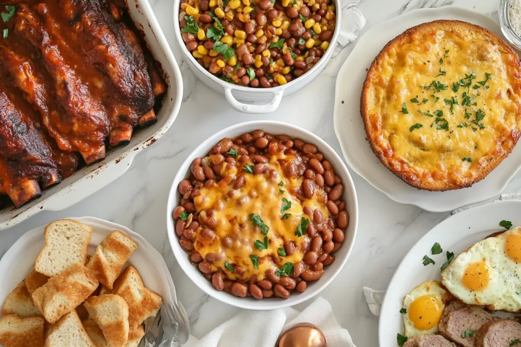 Baked beans served as a side dish, in a casserole, and as part of a breakfast plate.