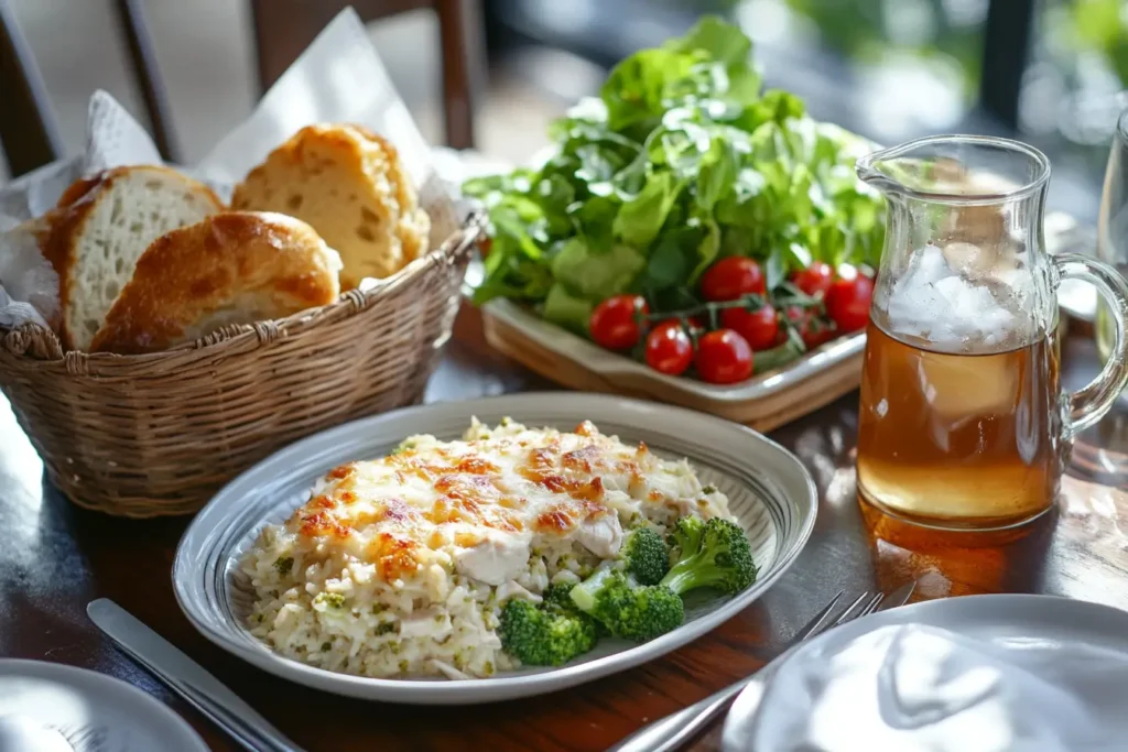 A serving of chicken broccoli rice casserole with a side salad and garlic bread on a dinner table.