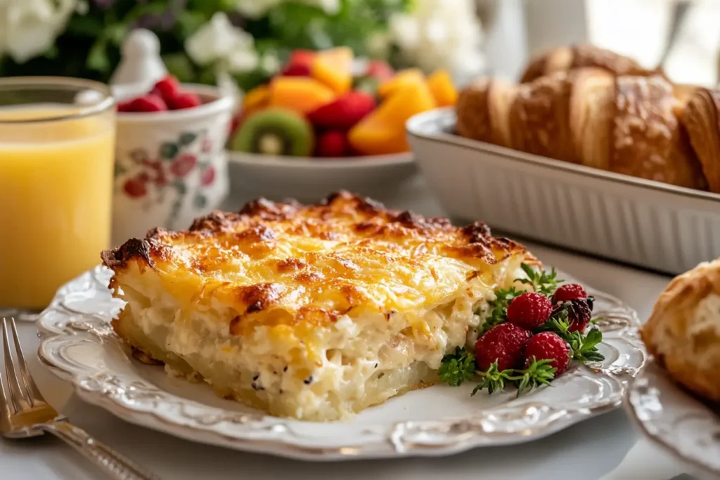 A serving of hashbrown breakfast casserole on a plate with fruit salad and orange juice.