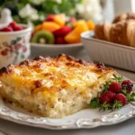 A serving of hashbrown breakfast casserole on a plate with fruit salad and orange juice.