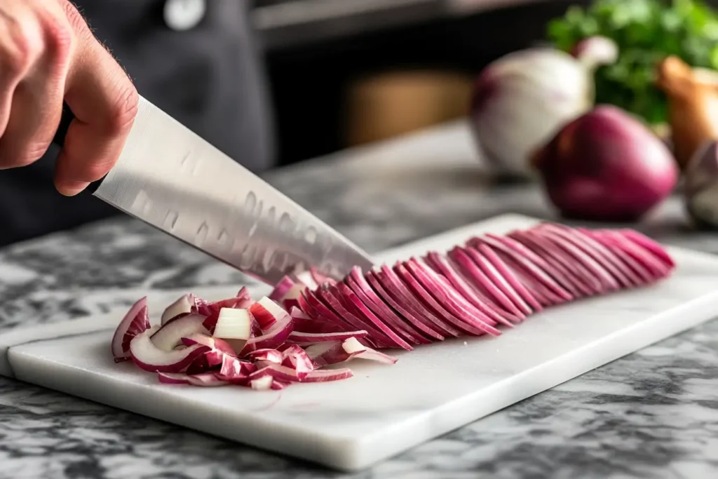 Slicing red onions for cebolla ensalada recipe