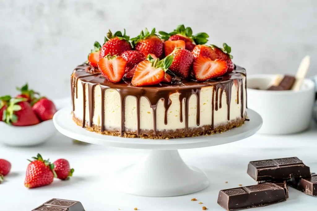 Decadent Snickers strawberry cheesecake garnished with chocolate, caramel, and fresh strawberries.