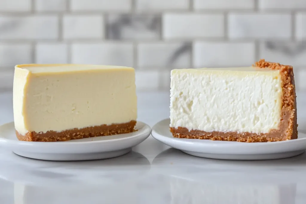 Side-by-side comparison of sour cream and heavy cream cheesecakes