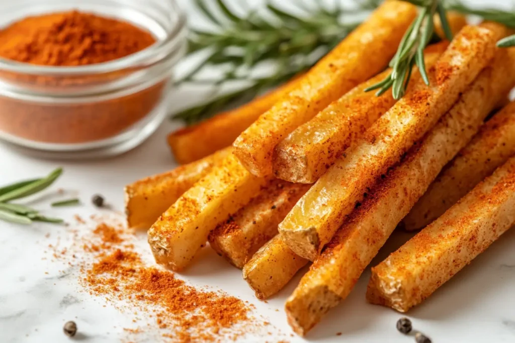 Crispy golden fries dusted with paprika, garlic powder, and cayenne pepper, garnished with fresh rosemary and thyme