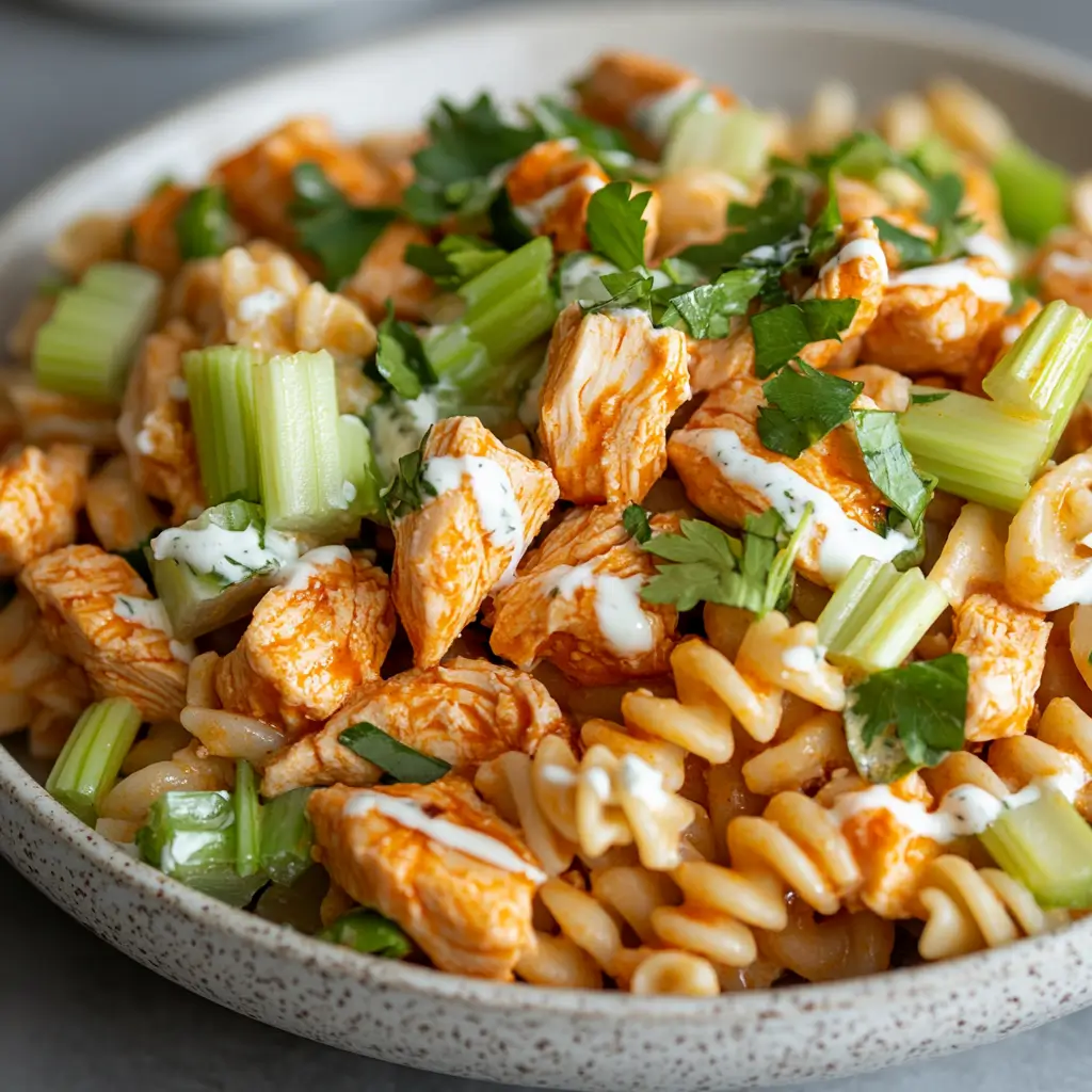 Spicy buffalo chicken pasta salad garnished with herbs.