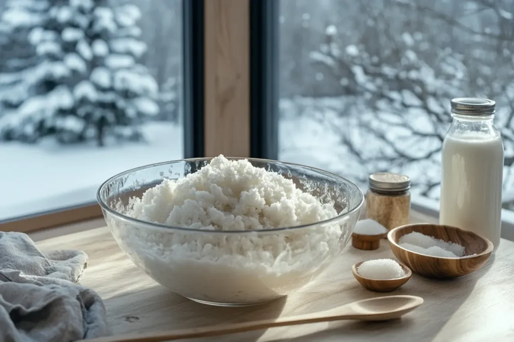 A bowl of fresh snow with milk, sugar, and vanilla on a kitchen counter