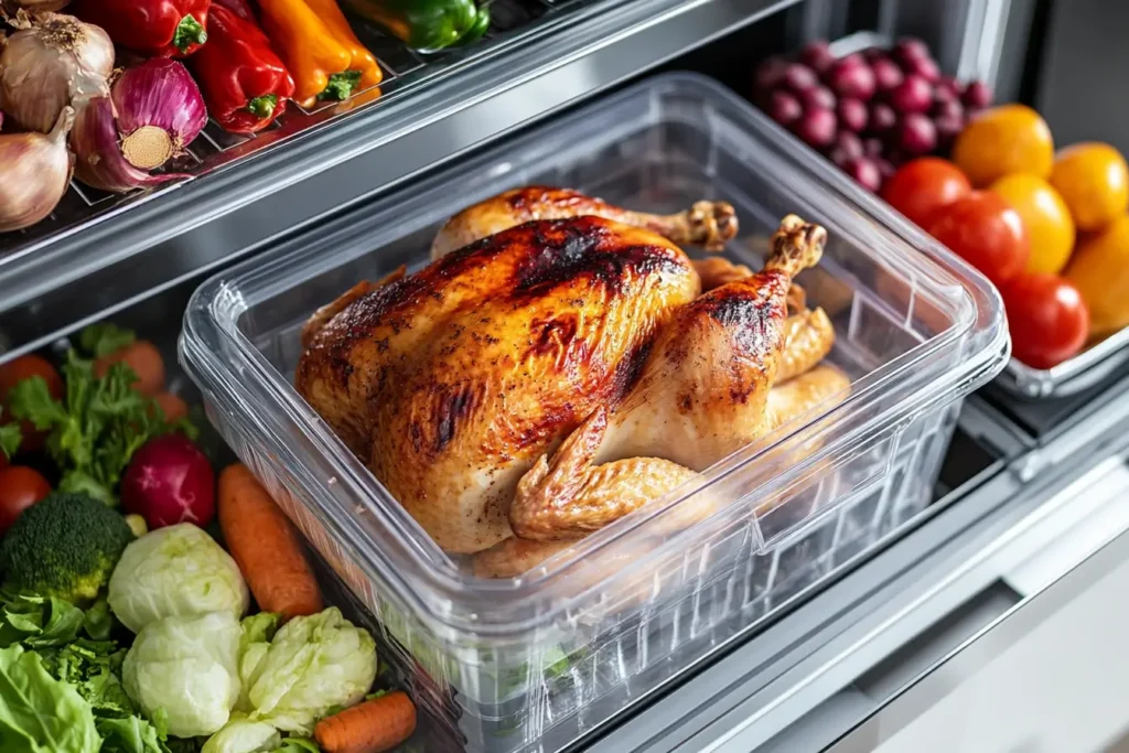  Rotisserie chicken stored in the refrigerator in an airtight container.