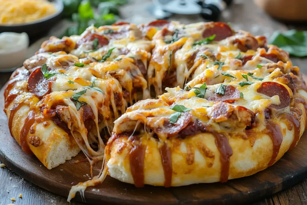 Close-up of a stuffed crust pizza with melted cheese, pepperoni, and barbecue chicken toppings