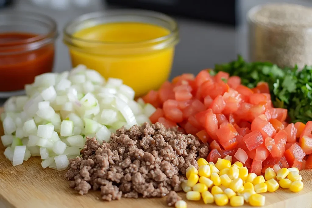 Ingredients for taco soup frios recipe laid out on a counter.