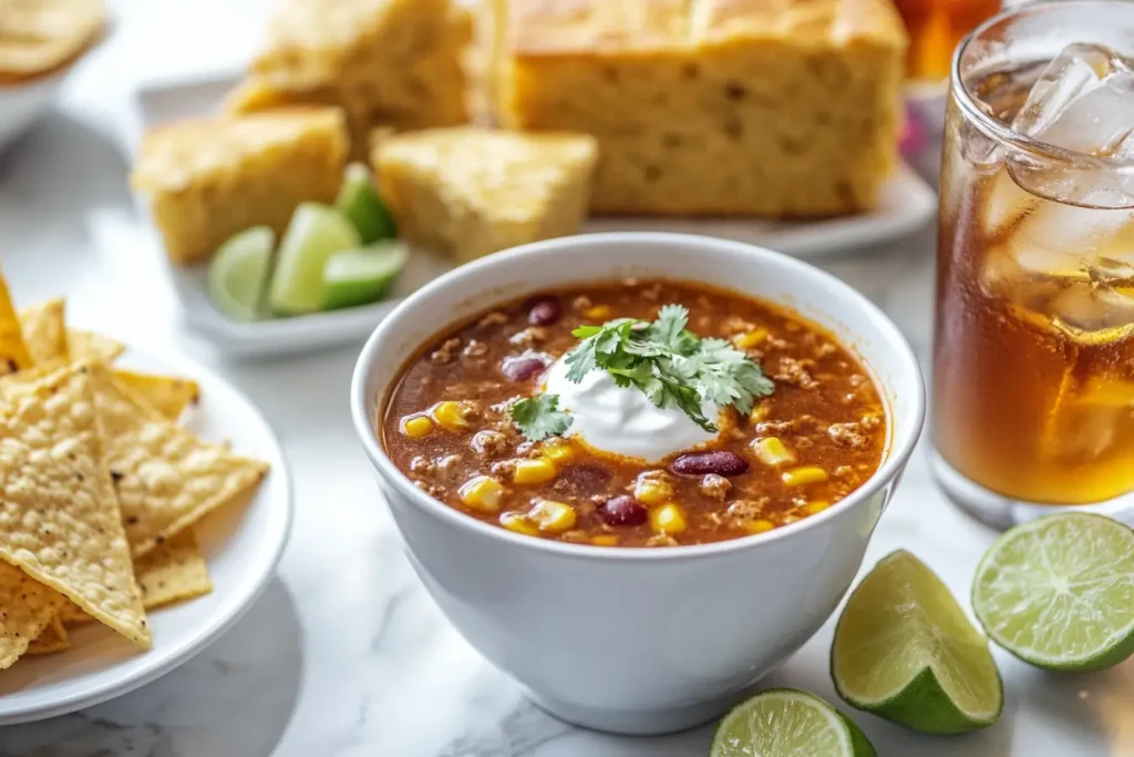 Taco soup frios served with cornbread and iced tea.