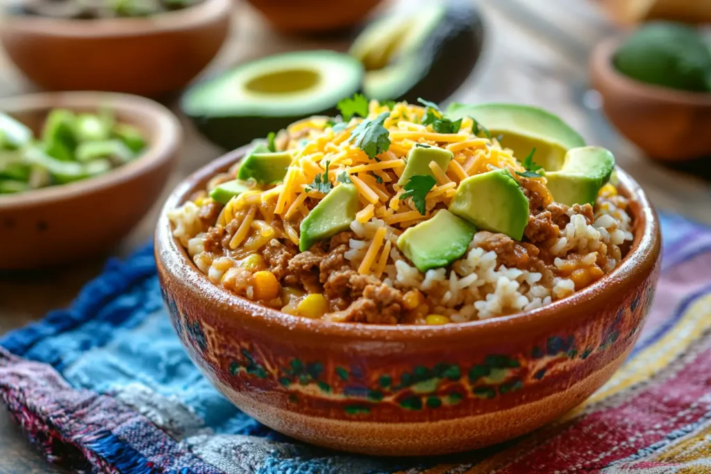 Taco soup thickened with tortilla chips and rice.